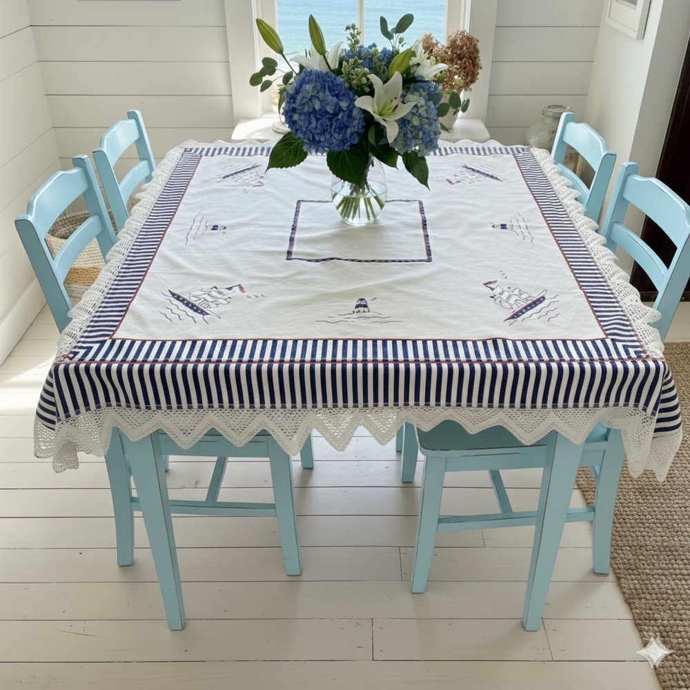 Vintage Table Cloth Nautical Ship light house design crochet lace trim